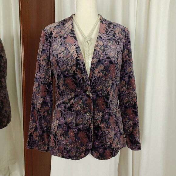 Vintage 70s Dark Floral Cotton Velvet Blazer - Picture 1 of 9